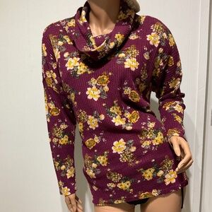 Kristin Nicole cowl neck top Size 2X Floral waffle soft Relax fit Burgundy